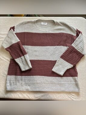 Old Navy Tunic Sweater L Gray Mauve Striped Textured Knit Cozy Pullover